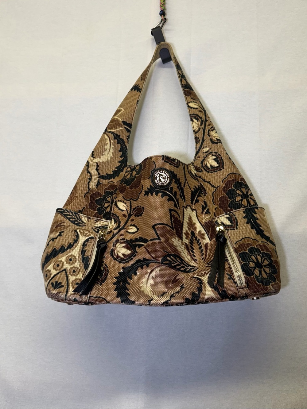 Spartina 449 shoulder hobo bag brown and black botanical tapestry design.‎